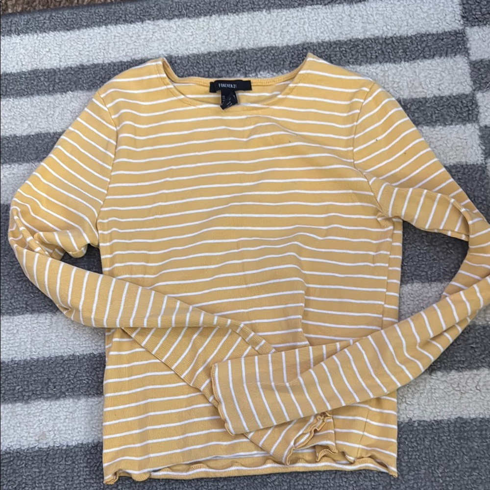 Forever 21 Yellow and White Fitted Ribbed Long Sleeve Tee